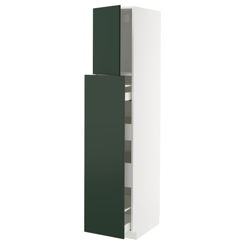 A tall, narrow, green ikea METOD kitchen cabinet with multiple shelves inside.