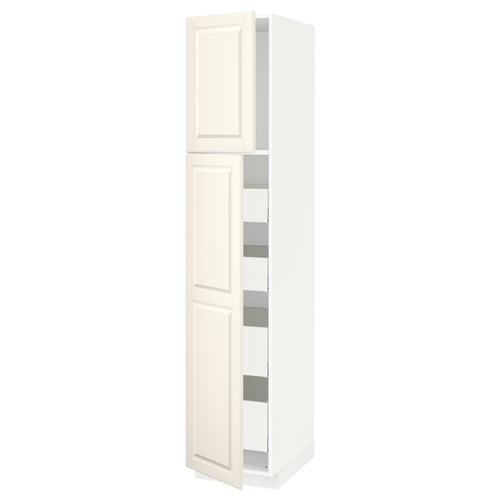 White METOD kitchen cabinet with beveled off-white doors.