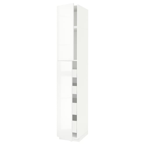 Tall white high-gloss cabinet with multiple shelves.