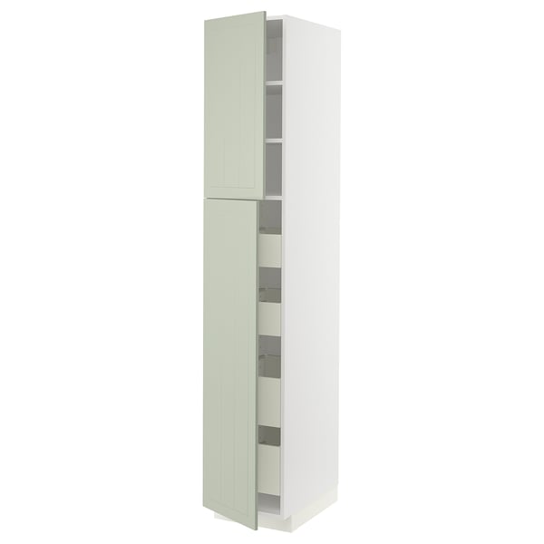 A light green METOD kitchen cabinet with two doors and multiple shelves inside. It stands upright and has a modern, minimalist design.