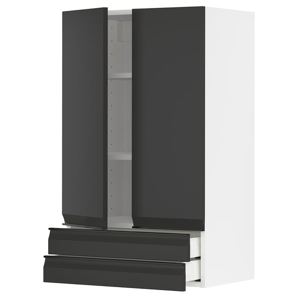 A modern black kitchen cabinet with a sleek handle and adjustable shelves, part of the METOD kitchen system.