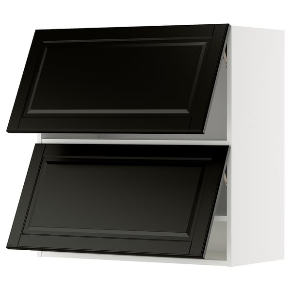 Black, modern kitchen cabinet set with bevelled edges.