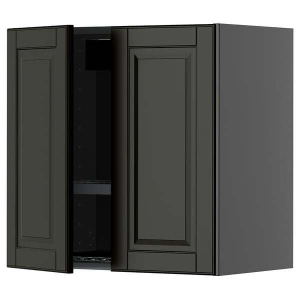 A dark gray METOD kitchen wall cabinet with two doors, one of which is partially open, revealing adjustable shelves.