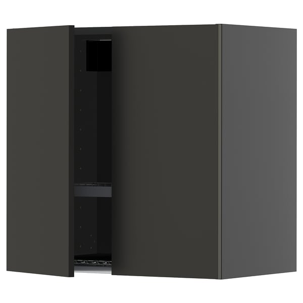 Modern black wall cabinet with open door, minimalist design.