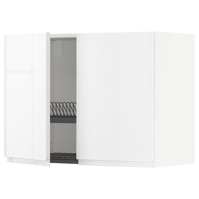 METOD kitchen cabinet, white, glossy finish, rectangular, open door showing interior with dish drainer.
