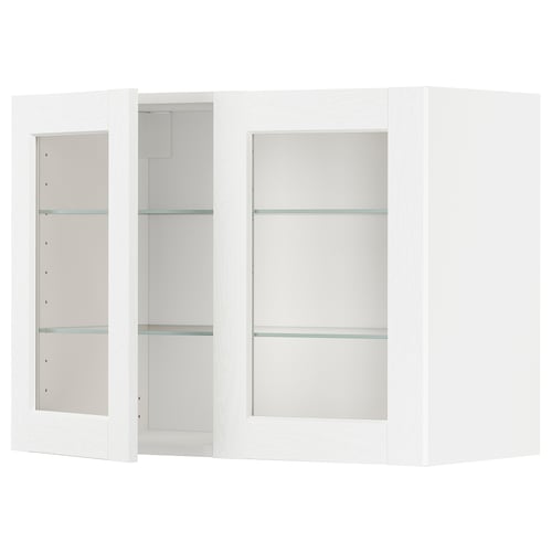 White METOD kitchen cabinet with glass doors and shelves.