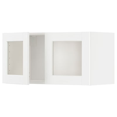 White METOD kitchen unit with glass doors, showing door and hinge details.