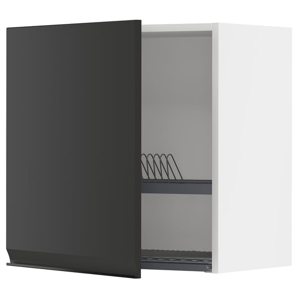 Black METOD kitchen cabinet with open door, metal shelf and dish rack.