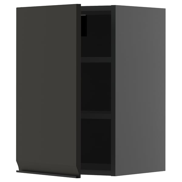 Modern black wall cabinet with adjustable shelf; minimalist, sleek design.