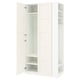 White IKEA PAX wardrobe with open doors, showing shelves and hanging space.