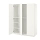 A white IKEA PAX wardrobe with open doors revealing empty shelves.
