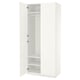 White PAX wardrobe, tall, rectangular with one open door revealing shelves and hanging rod.