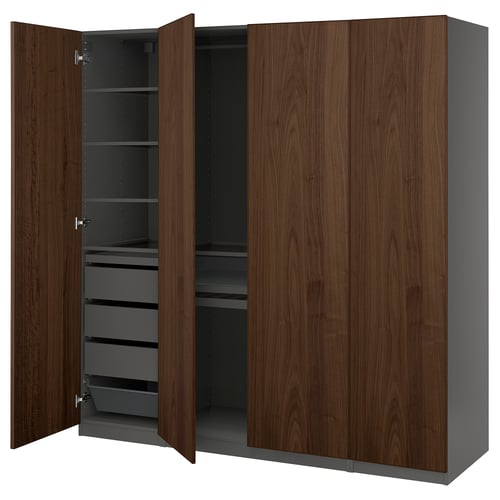 PAX wardrobe in walnut and grey has doors open revealing drawers and shelves.