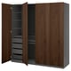 PAX wardrobe in walnut and grey has doors open revealing drawers and shelves.