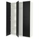 A white and black PAX wardrobe with open doors, revealing shelves inside.