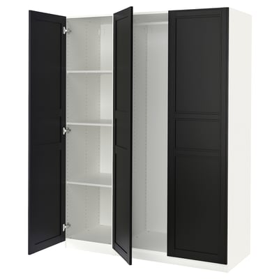 PAX wardrobe: black and white, tall with mirror doors, adjustable shelves.