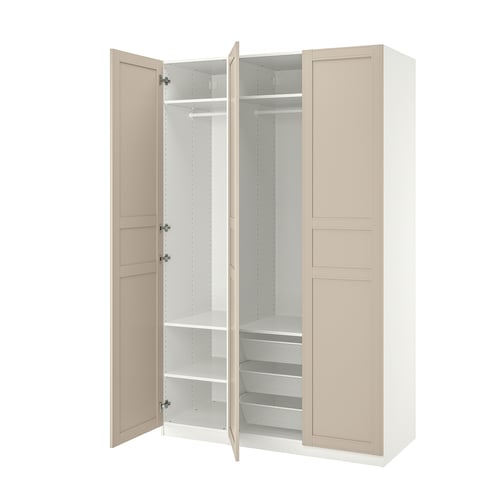 An open beige ikea PAX wardrobe with shelves and racks.