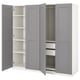 A grey ikea PAX wardrobe with open doors, revealing shelves and drawers inside.