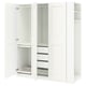 An open white PAX wardrobe with various compartments for storage.