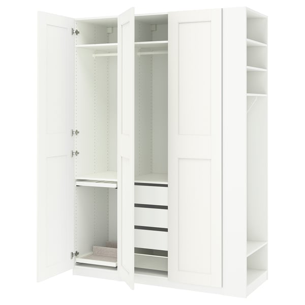 White PAX wardrobe set with open doors showing shelves and compartments.