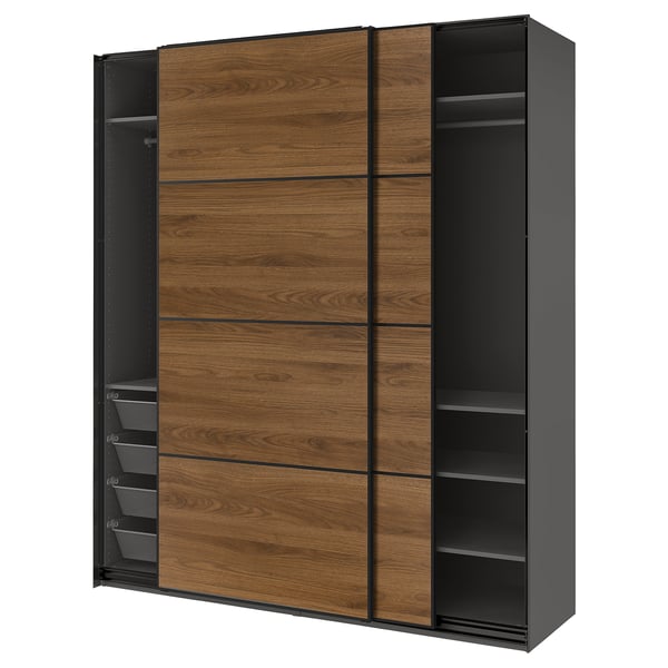 Modern black and wood wardrobe, with sliding doors, shelves, and hanging space.