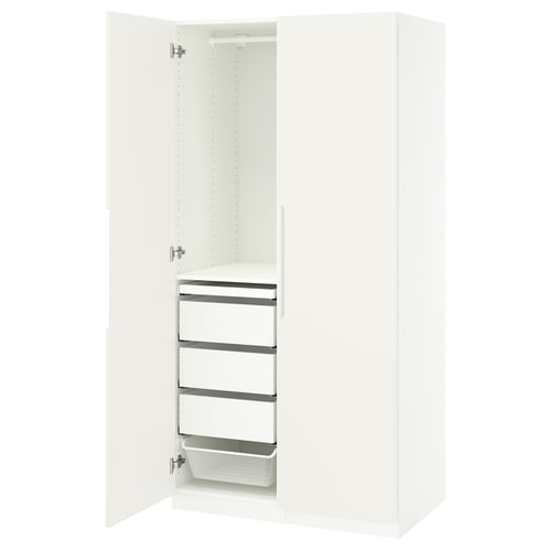 White PAX wardrobe open, showing shelves and mesh drawer.