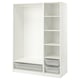 A white ikea PAX wardrobe with open sections and mesh storage baskets.