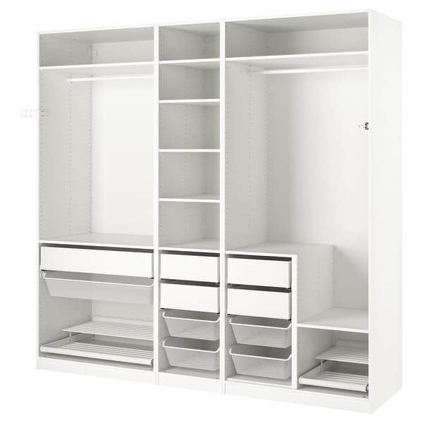 White PAX wardrobe with shelves, drawers, and mesh baskets for organised storage.