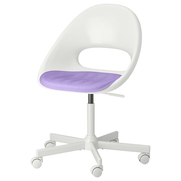 A white office chair with a purple seat cushion, designed for comfort and style.