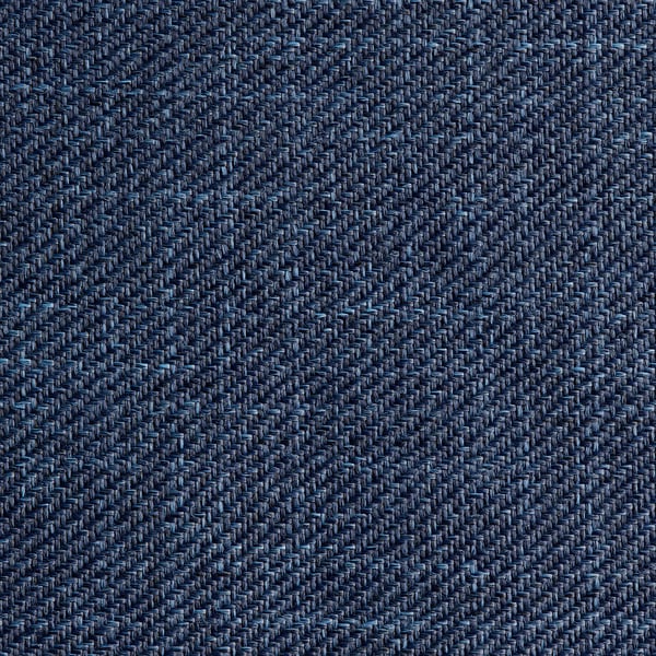 Close-up of textured, recycled fabric. Blue hues with a tight weave, indicating durability.