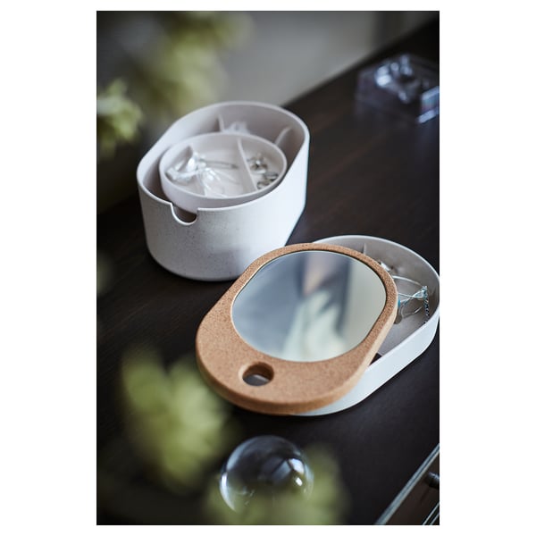 SAXBORGA storage box: white, cork lid, mirrored inside, oval shape with compartments for small items.