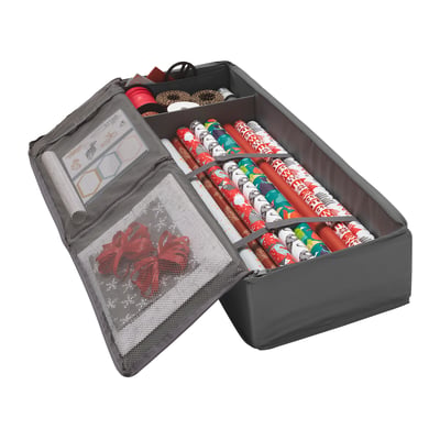 Gift wrap organiser with lid, handle, and side pockets for easy storage and access.