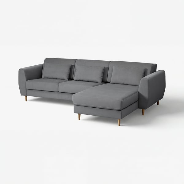 Modern grey l-shaped sofa with extendable back cushions and wooden legs.