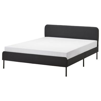 SLATTUM bed: black, fabric headboard, metal legs. Or, for a closer count: modern black SLATTUM bed: fabric headboard, metal legs.