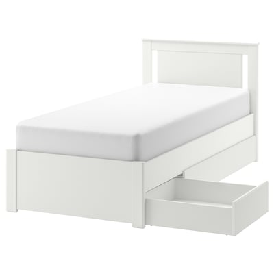 White SONGESAND bed with high headboard, under-bed storage, modern design.
