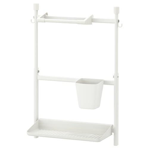 A white SUNNERSTA storage rack with hooks, a hanging basket, and a shelf.