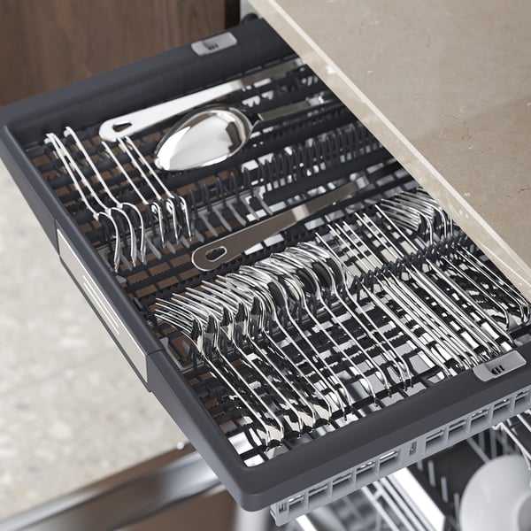 Open dishwasher with shiny silverware in cutlery tray; intensive wash & extra dry functions.