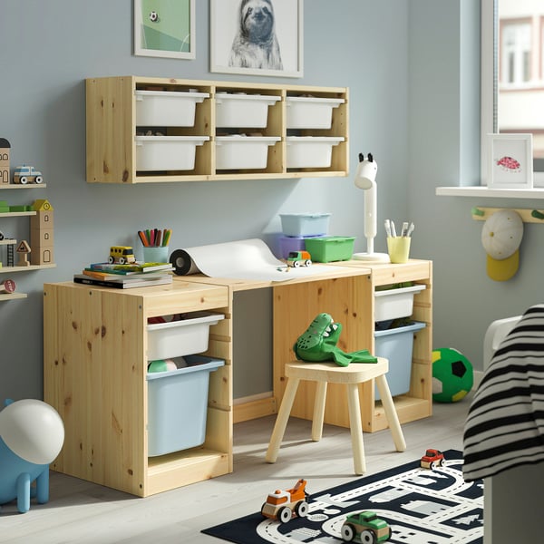 TROFAST Desk with storage boxes, light white stained pine/white light blue, 124x44x52 cm