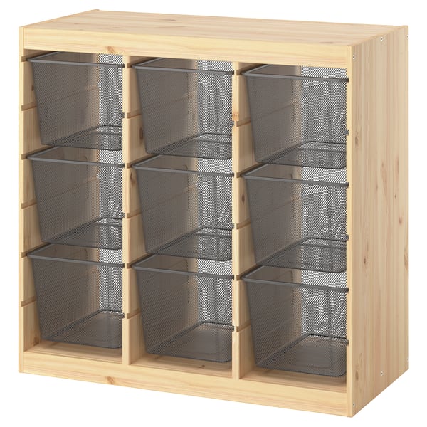TROFAST Storage combination with boxes, room divider/light white stained pine dark grey, 93x44x91 cm