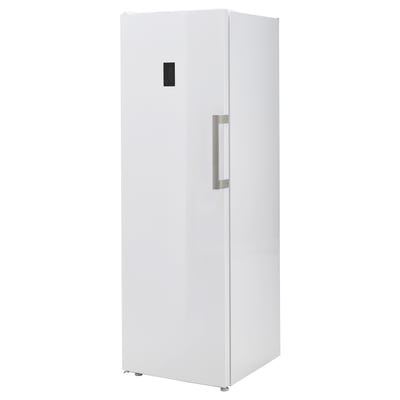 White upright freezer with touch control panel and led light.