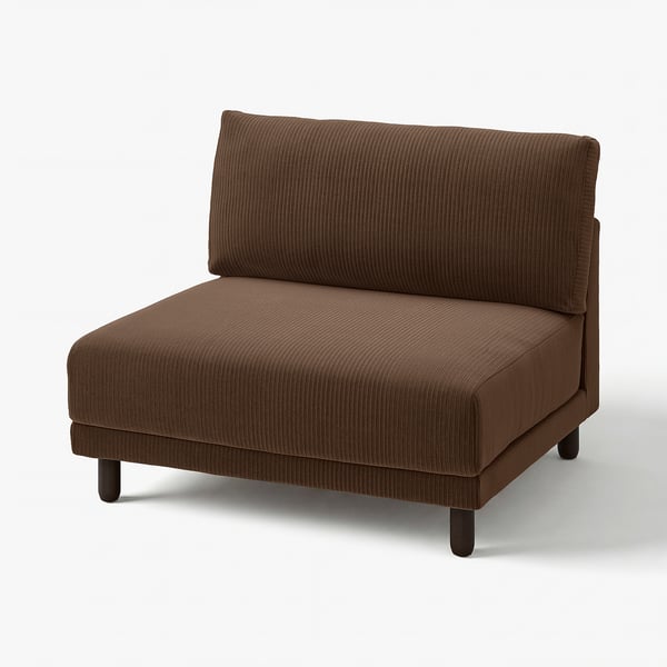An UPPÅKRA sectional sofa in brown. It has a modern design with tapered legs, and the cushions are upholstered in recycled polyester fabric.