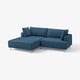 Modern blue l-shaped couch with metal legs, cosy cushions, stylish & minimalist.