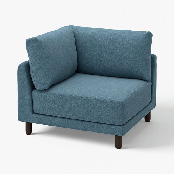 UPPÅKRA chair in blue, soft bouclé fabric, comfy sink-in design, dark wood legs, cosy for family relaxation.