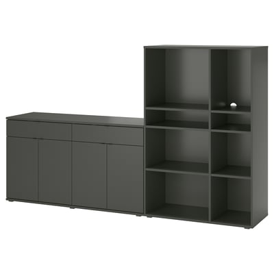 Black modern storage set with cabinet and open shelves.