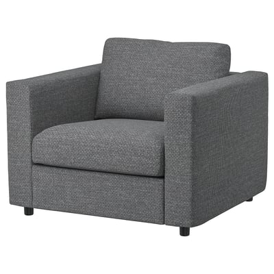 VIMLE armchair: grey, boxy, fabric, modern, comfortable.