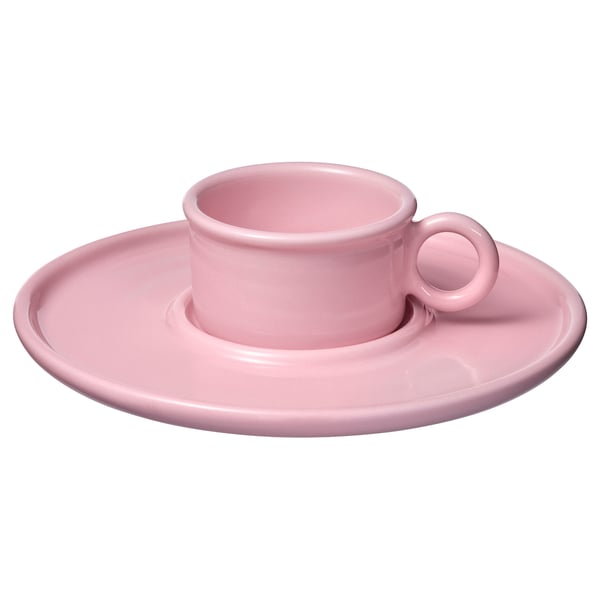 Pink ceramic coffee set, shiny glazed finish, round handle.