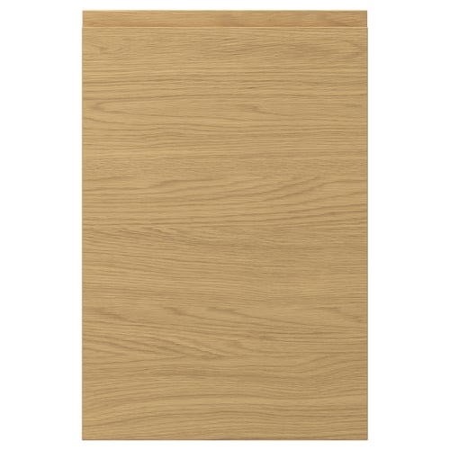 VOXTORP oak finish door: sleek, flat design, warm tones, oak texture, particleboard core, plastic edging, easy-clean foil surface.