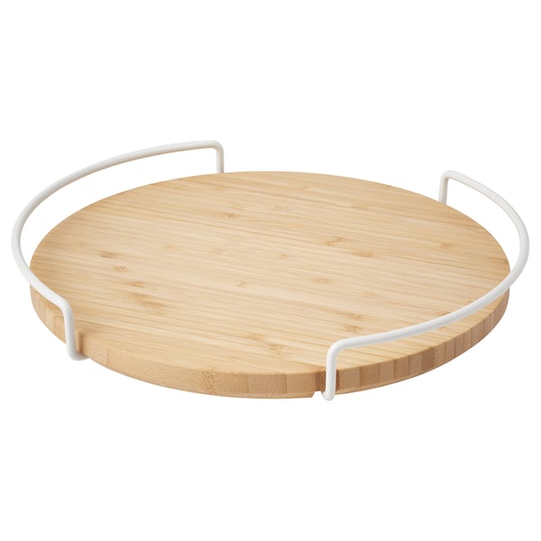 Bambu lazy susan med vit ram, upphöjda kanter, för att organisera köket.