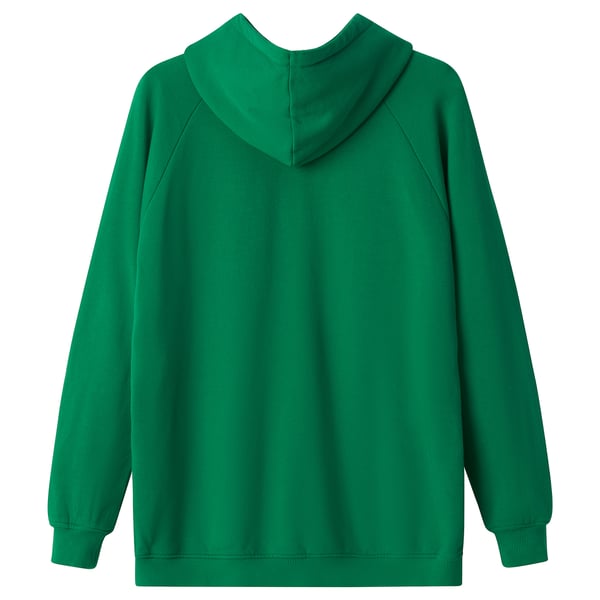 En grön AURTIENDE hoodie, sedd bakifrån, enkel design, långa ärmar, mjuk bomull.