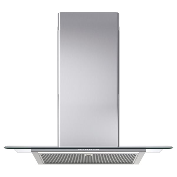 En BALANSERAD köksfläkt i rostfritt stål med en snygg glaskant, led-ljus och en kontrollpanel på framsidan.